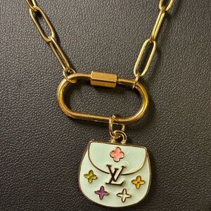 LV Zipper Pull Charm Blue And Gold Pendant/ Stainless Steel Necklace